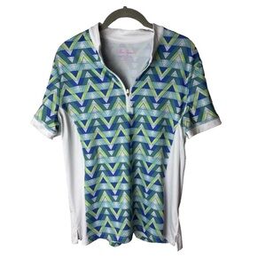 Lillie Green Top Size Large Shirt Golf Tennis 1/4 Zip Short Sleeves Blue Green